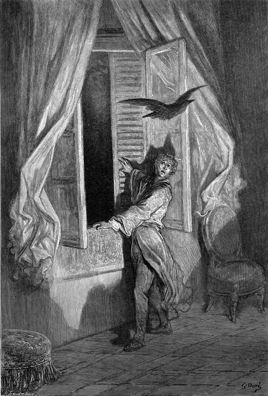 Illustration 14 for "The Raven" by Edgar Allan Poe for the line "Not the least obeisance made he," by Gustave Doré.