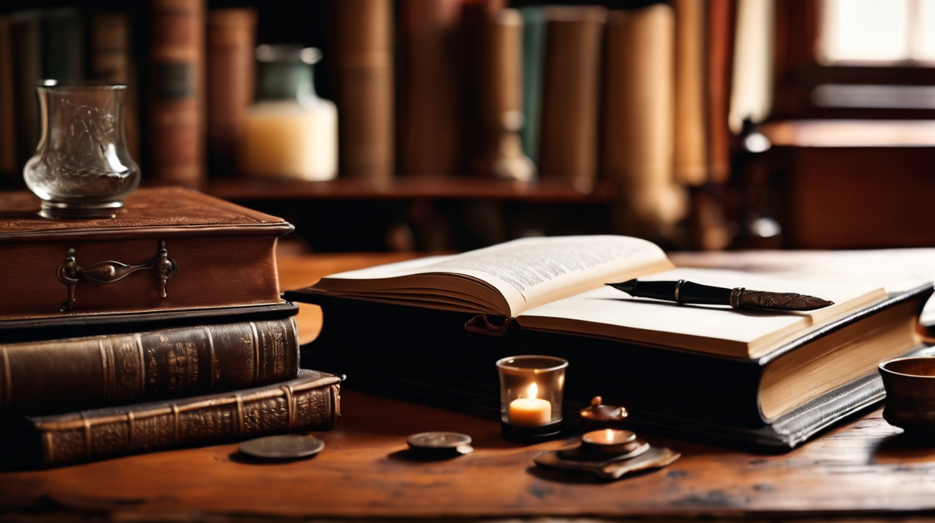 An old library table full of books, notebooks, quill pen and mystic objects. From tech professional to mystery author.