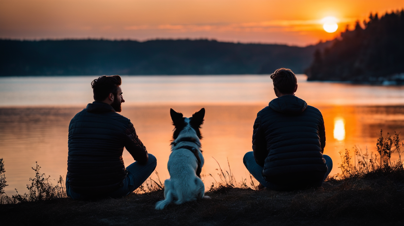 Two guys watching the sunset with their dog. Family is where the heart is.