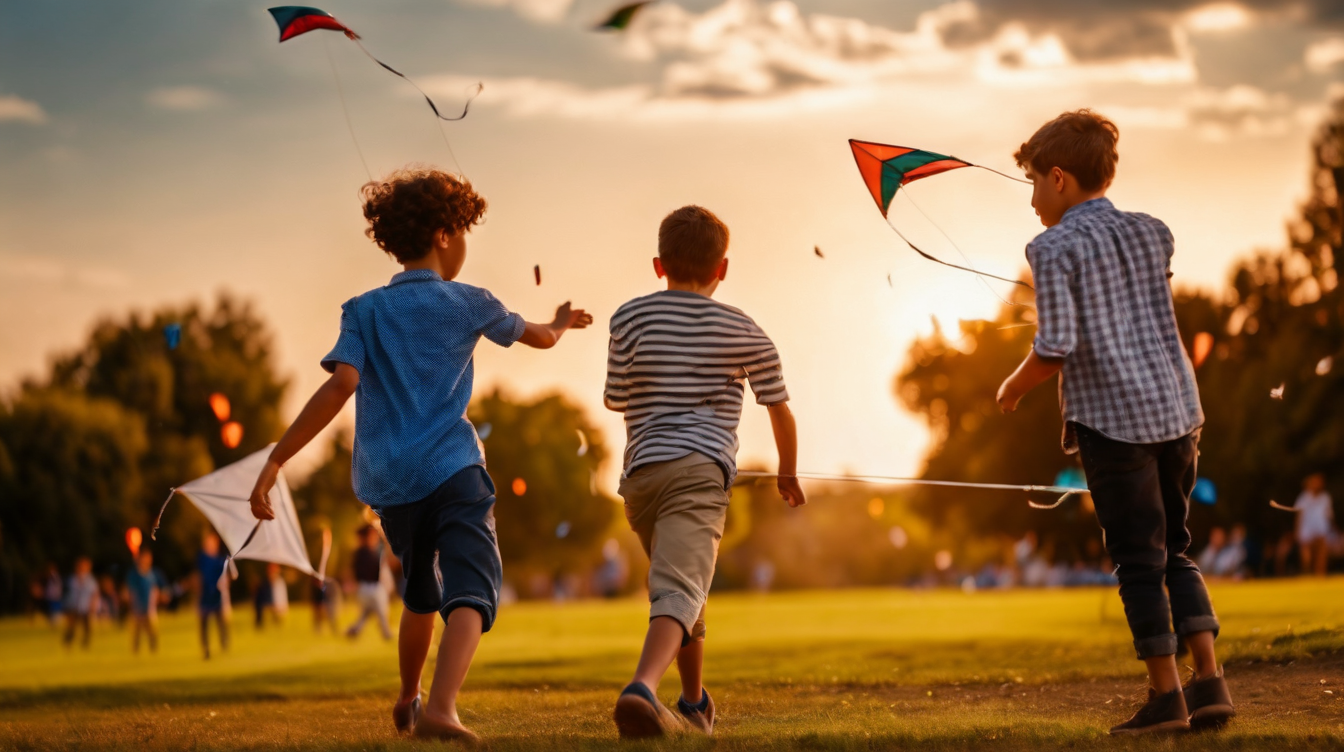 Boys flying kites in a park. Letting my inner child run free.