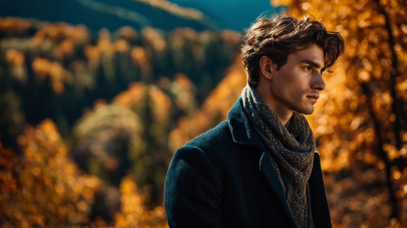 A young man dreamily looking at the past, fall scenery