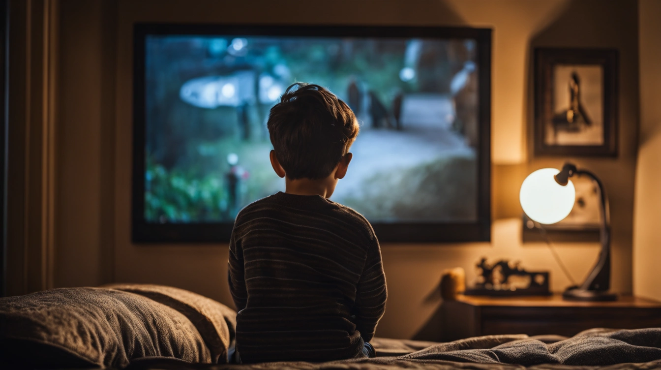 A boy in his bedroom looking intently at a TV screen, way past his bed time