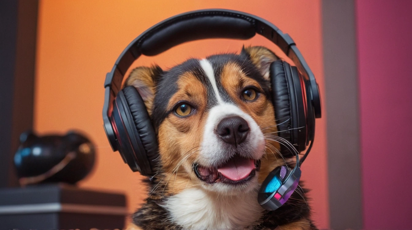 A charming dog with headphones hosting a comedy podcast