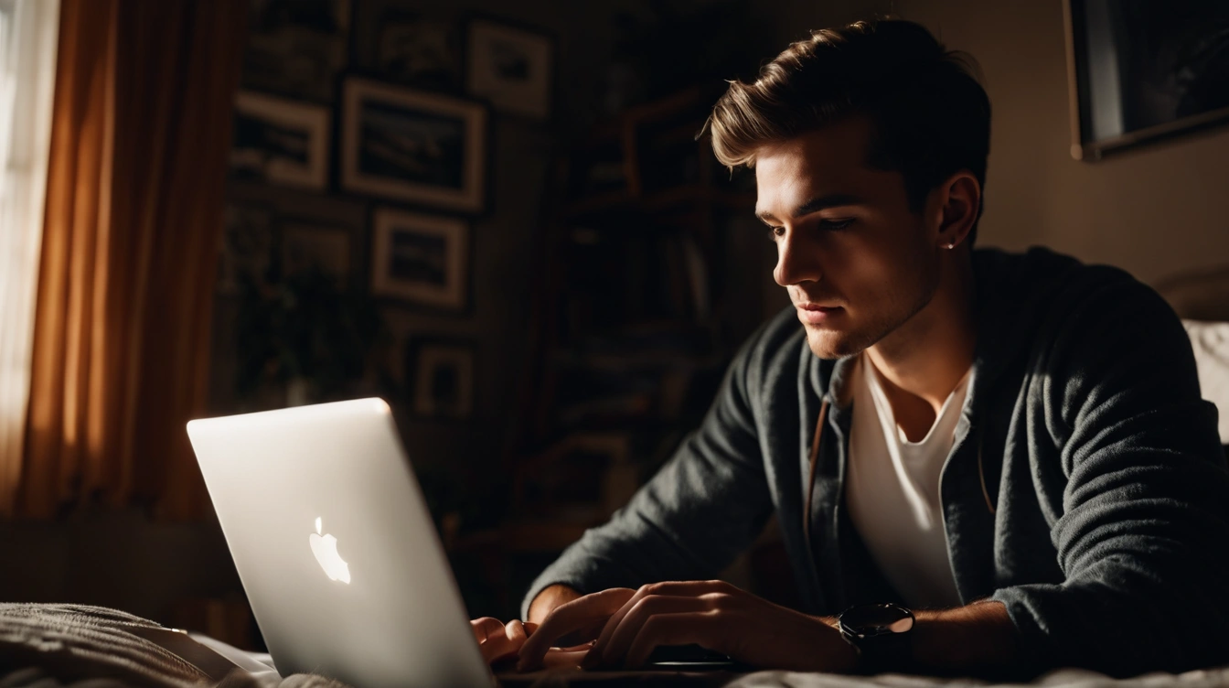 A young man in his bedroom working on his MacBook Pro PC evolution