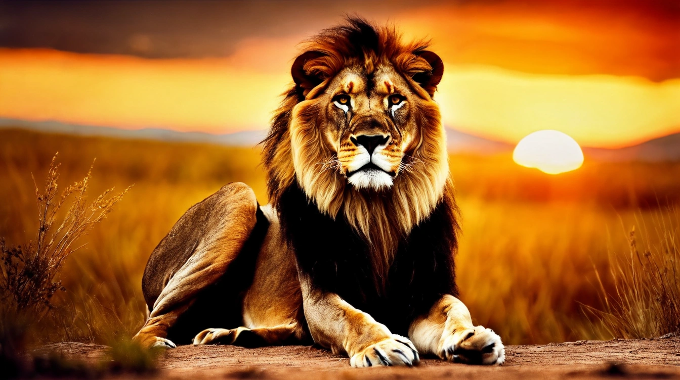 A majestic lion looking over the savanna with the sun rising behind him All cats great and small