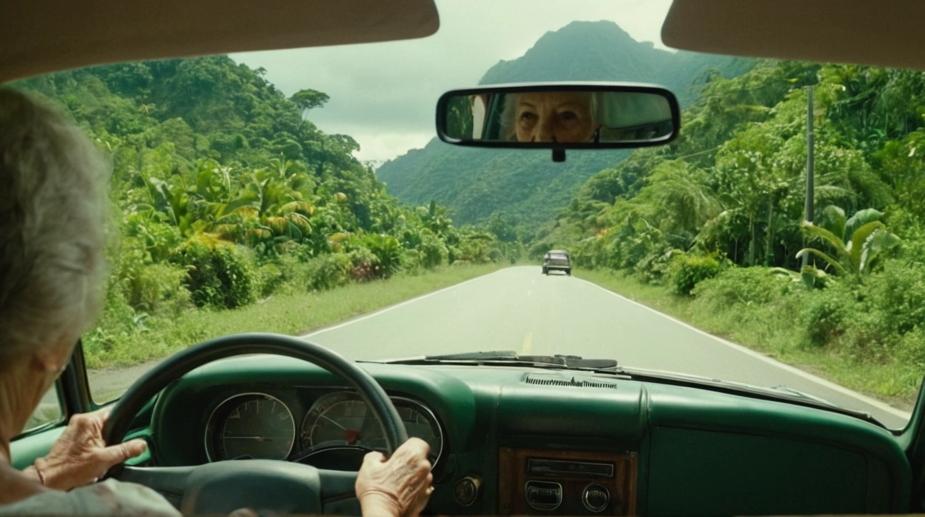 The interior of a car, an old lady is driving, her kind eyes showing in the rear view mirrors, the bright road ahead, tropical vegetation on both sides of the road, green mountains in the background. Kindness in a rideshare trip.