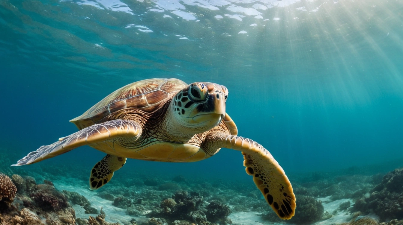 A sea turtle swimming in the ocean. Single-use plastics.