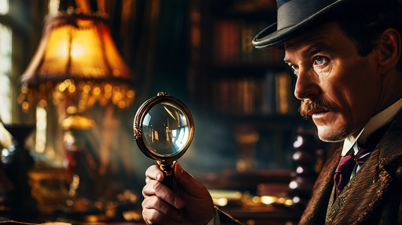 A world-renowned detective looking through a magnifying glass, Victorian study room, mystery atmosphere