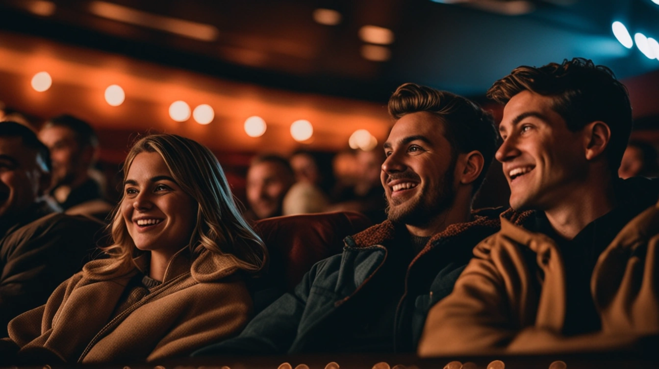 A group of friends inside a movie theater, having fun. Movies, sushi and brunch.