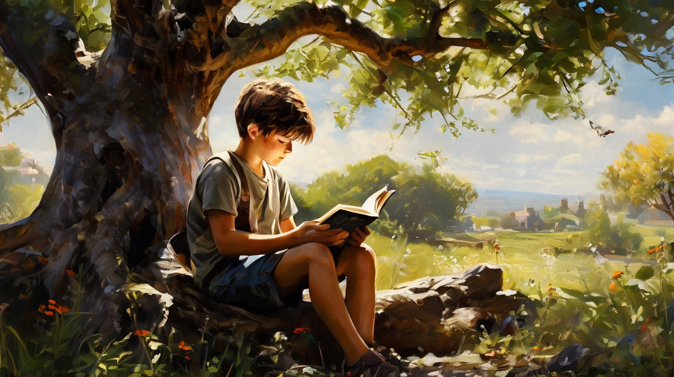 A boy reading a book under a tree, bucolic environment. PS Reading Challenge