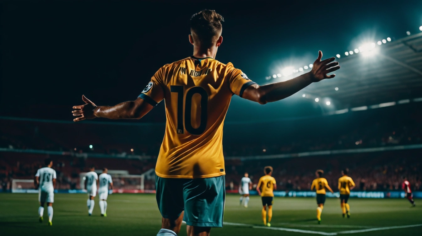 Soccer player celebrating a goal, other players around him, full stadium. World Cup 2026.