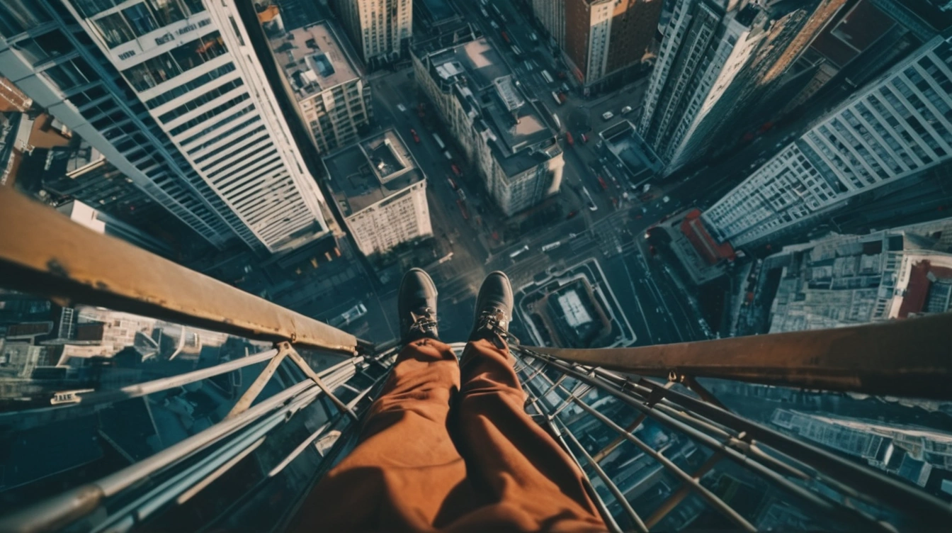 Someone looking down from a high tower on the city below. Fear of heights.