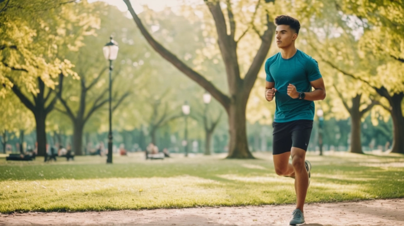 Young man exercising in a park. Technology help for health.