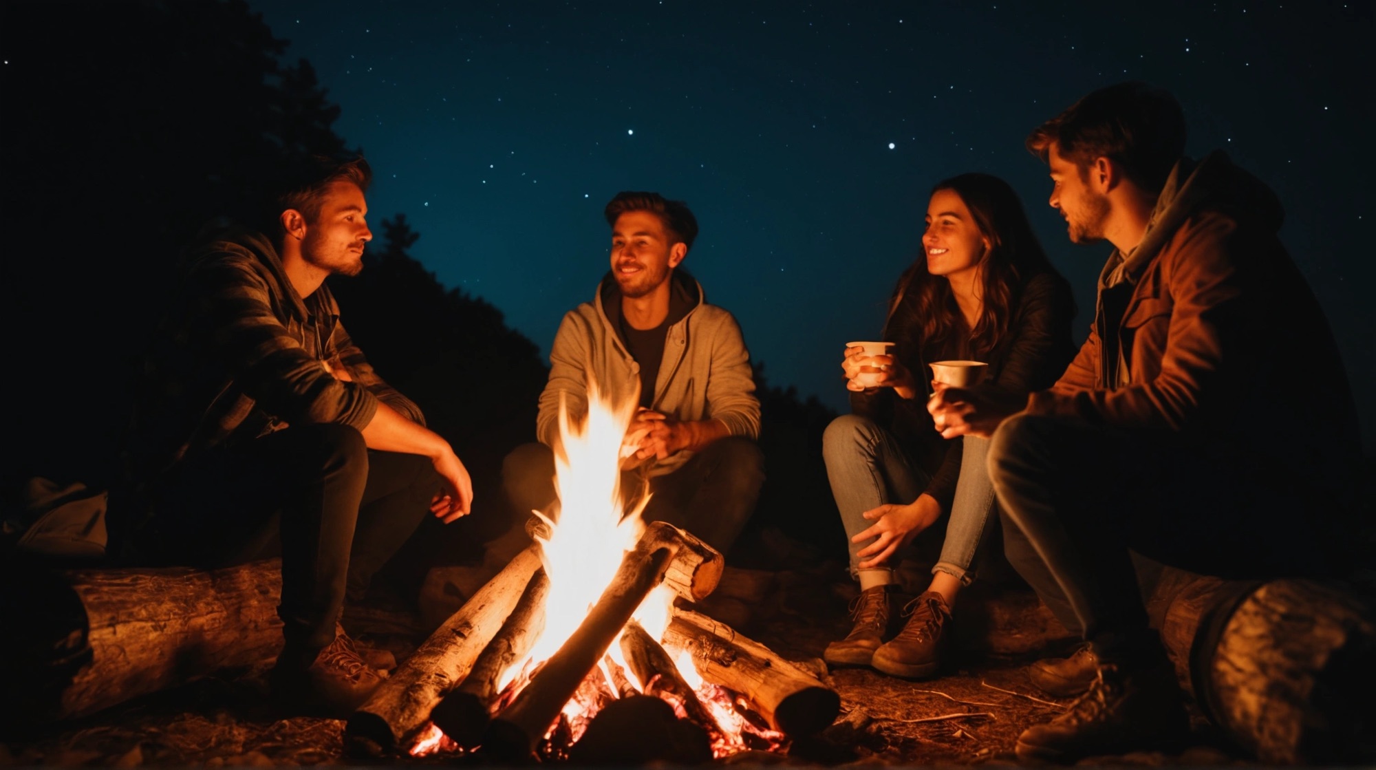 Group of friends by a campfire spending time together. Time and attention.