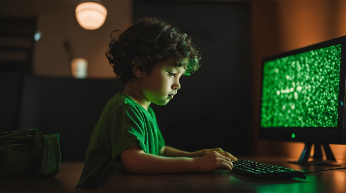 A child playing in a computer, green monochrome monitor. The future is already here.