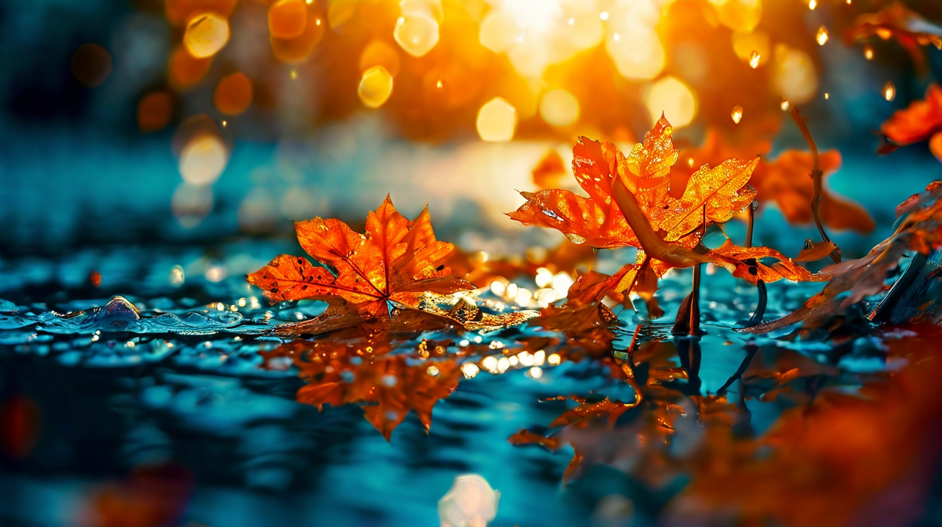 Ray of sunshine between fall leaves on a lake