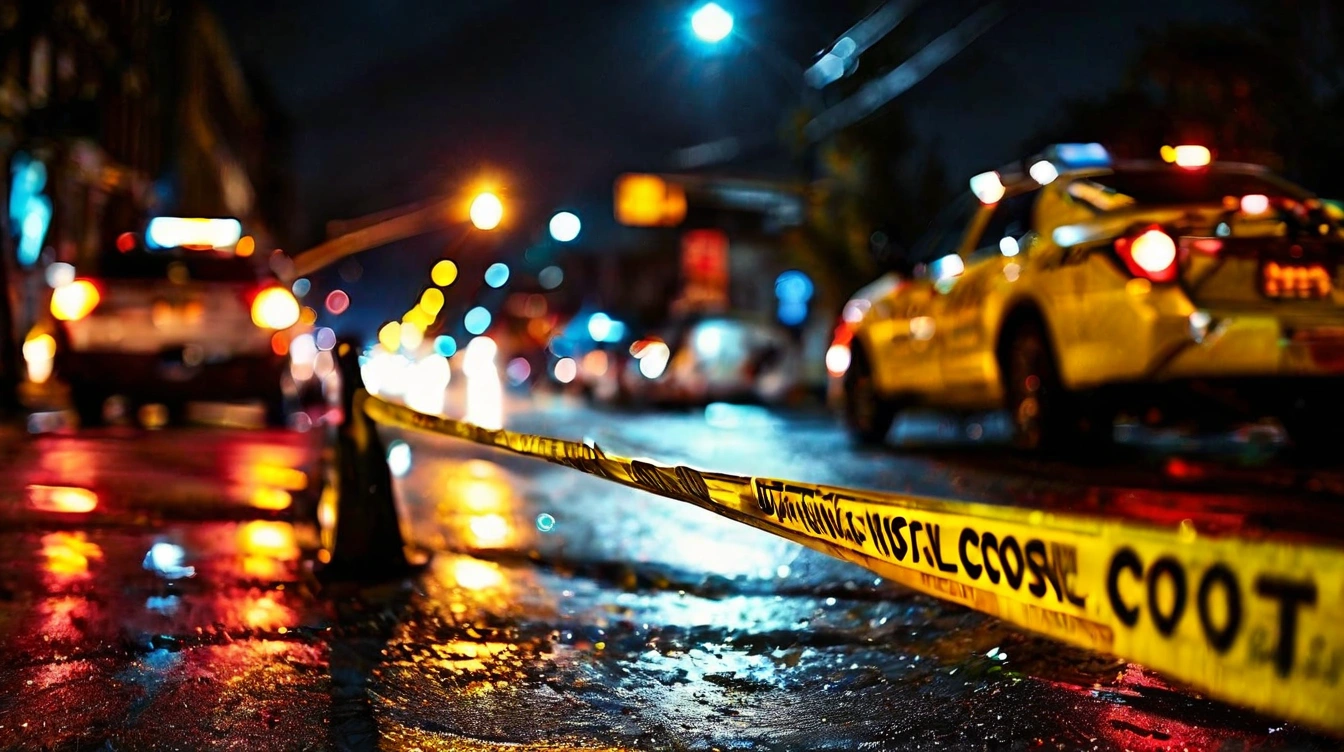 Crime scene investigation, police yellow tape, night time