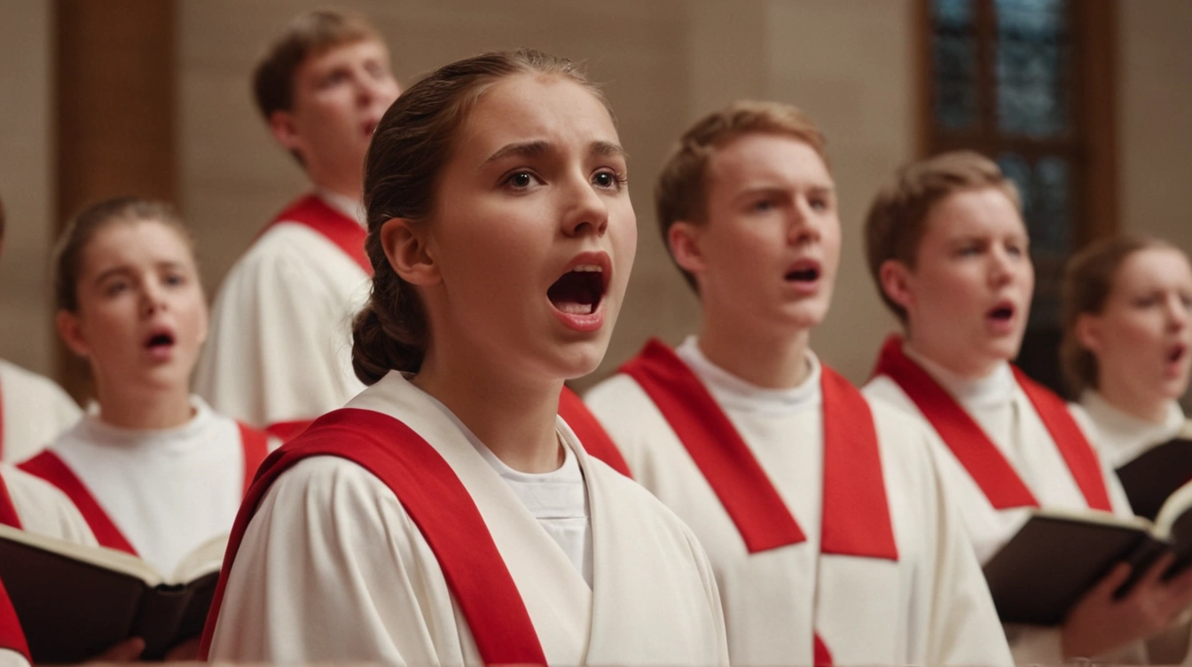 A teenager singing at a church choir, white and red toga. Pursue my musical dreams.