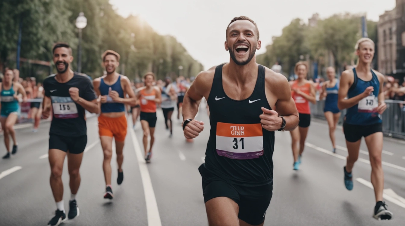 A marathon runner approaching the finish line, people cheering. One day at a time.