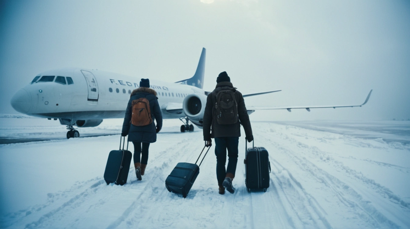 Passengers leaving an airplane, carrying luggage, cold weather, heavy snow. Midlife crisis.