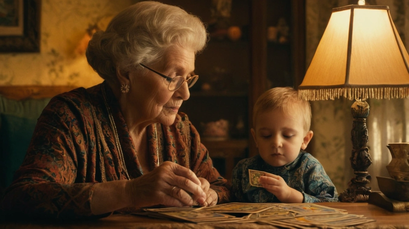 Grandma reading Tarot cards with her grandson. Destiny, or fate.