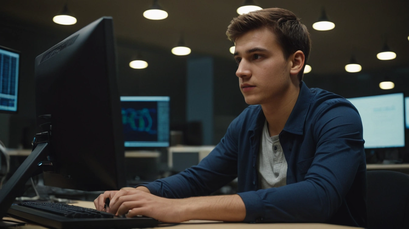 A young man working in a computer laboratory, staying up at night. No pain, no gain.