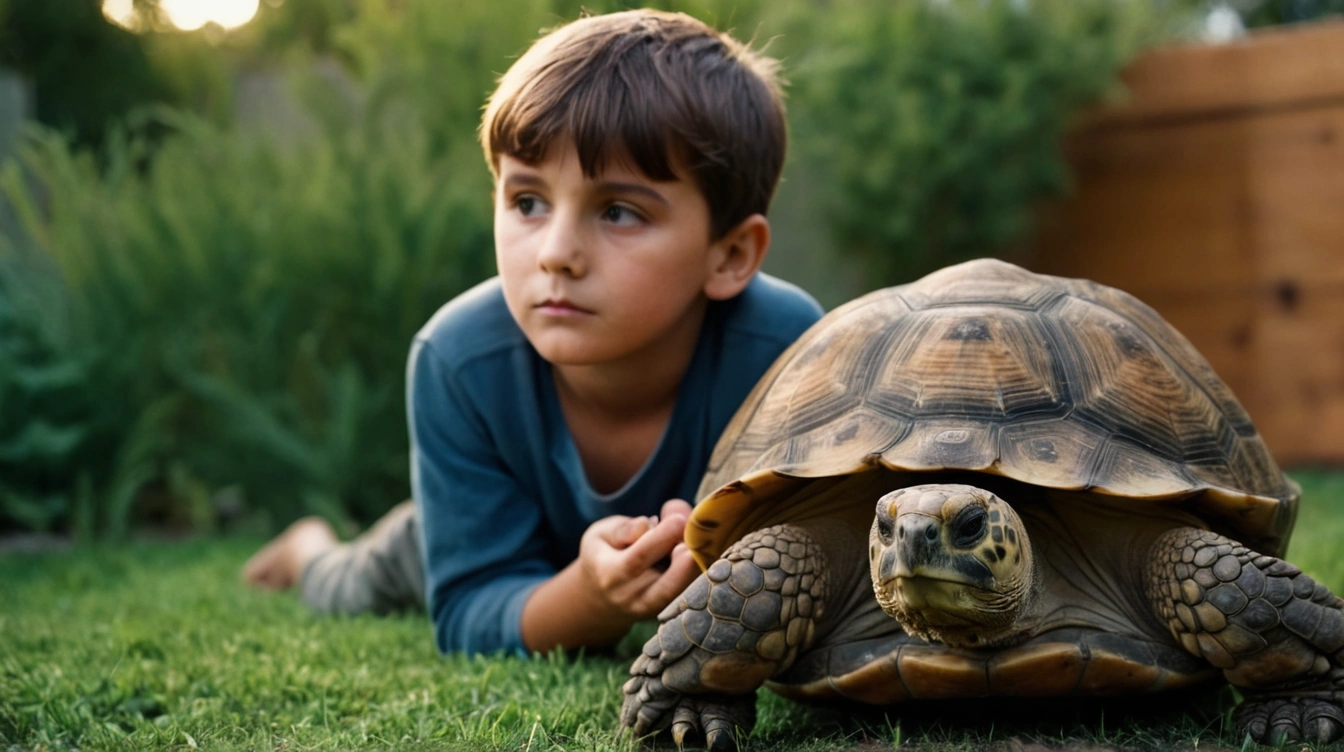 A boy in his backyard with a tortoise pet, dreamily thinking about the future. I dreamed of the future.