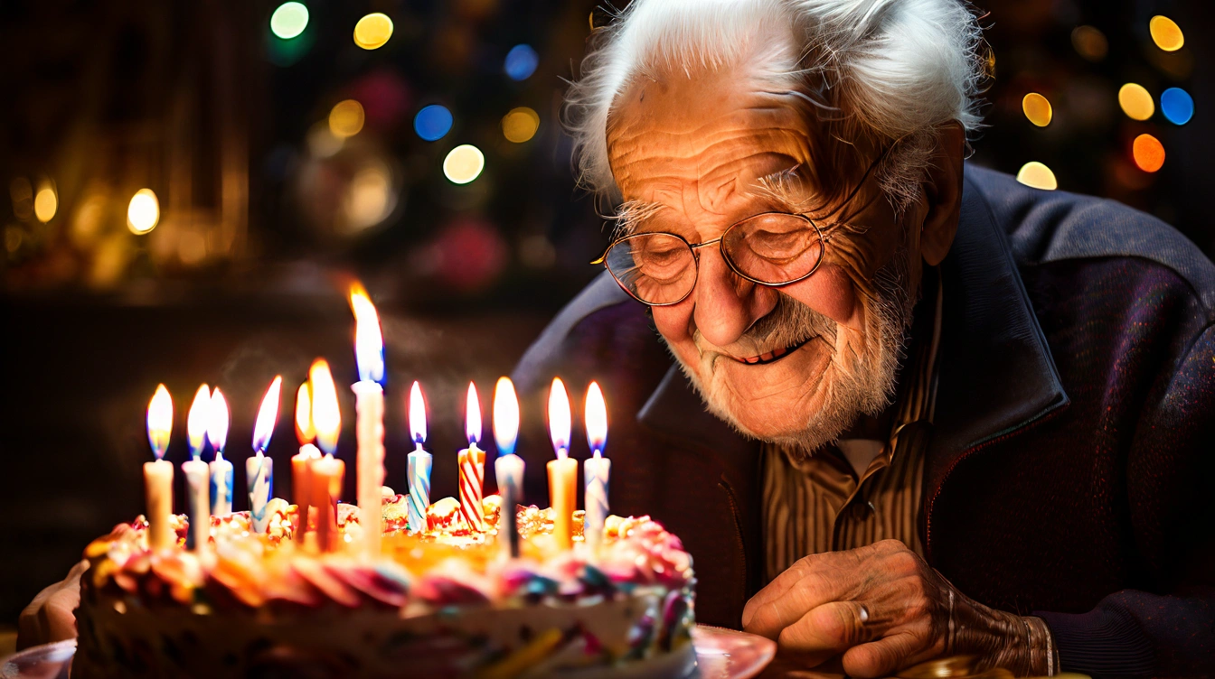 A 100-year-old man blowing candles in his birthday celebration. Do not open until 2074.