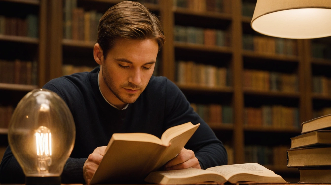 A man deeply engrossed in a book in a dimly lit library. Strong focus.