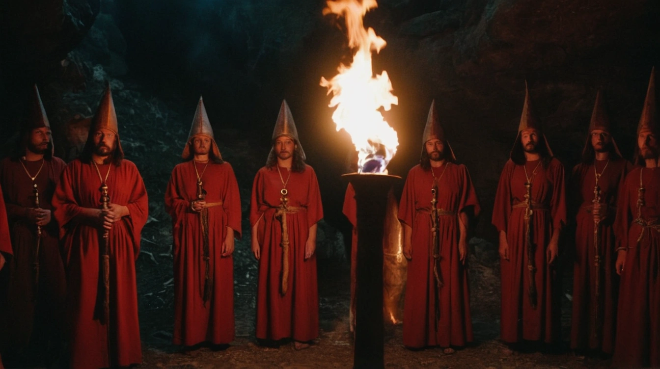 A representation of a mystery cult initiation rite, torches and underground ceremony. The occult.