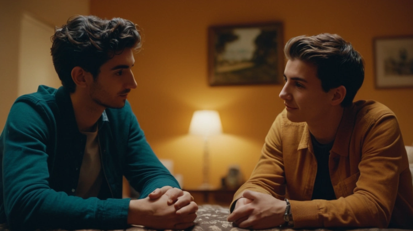 Two friends talking in an intimate manner, providing counseling to one another. Public figures