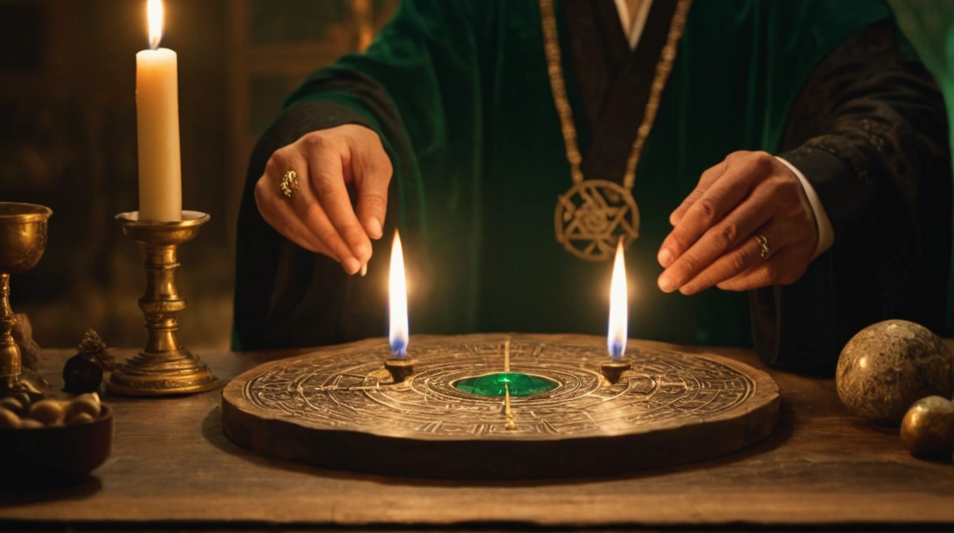 A magician performing a ritual involving astrology, hermeticism, and the emerald tablet. As above, so below. The Black Arts.