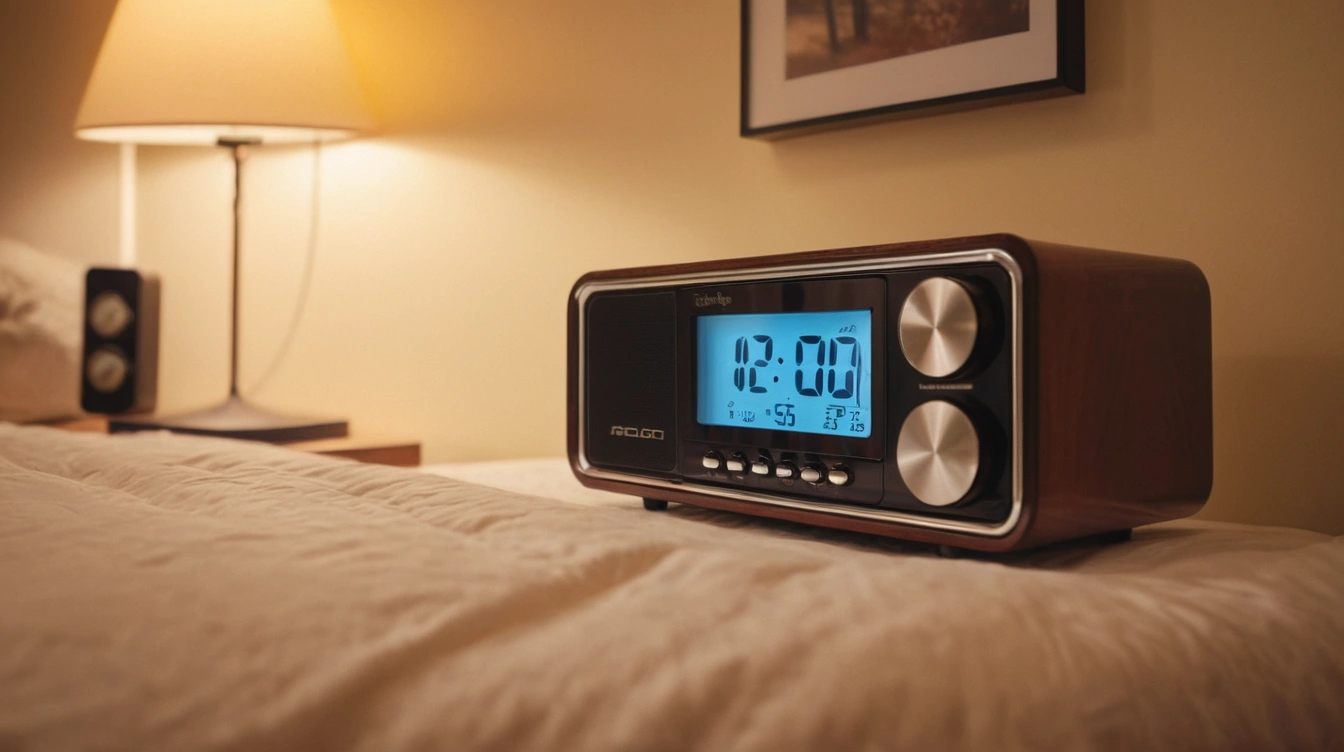 An alarm clock radio showing 12:00 a.m., teenager bedroom. A typical day in the early '90s.