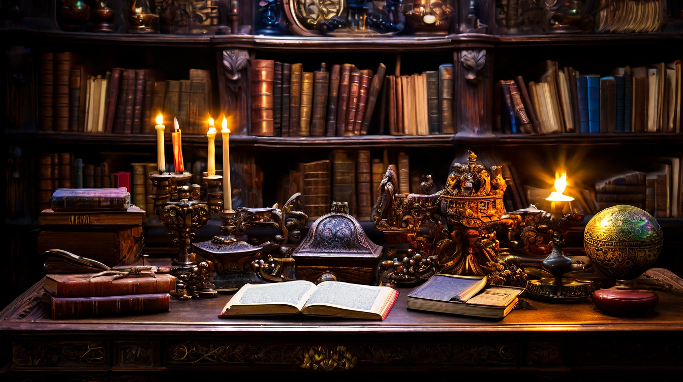 Mahogany desk, a bible, a tarot deck, occult books, atmosphere of tradition. "Yes" or "No".
