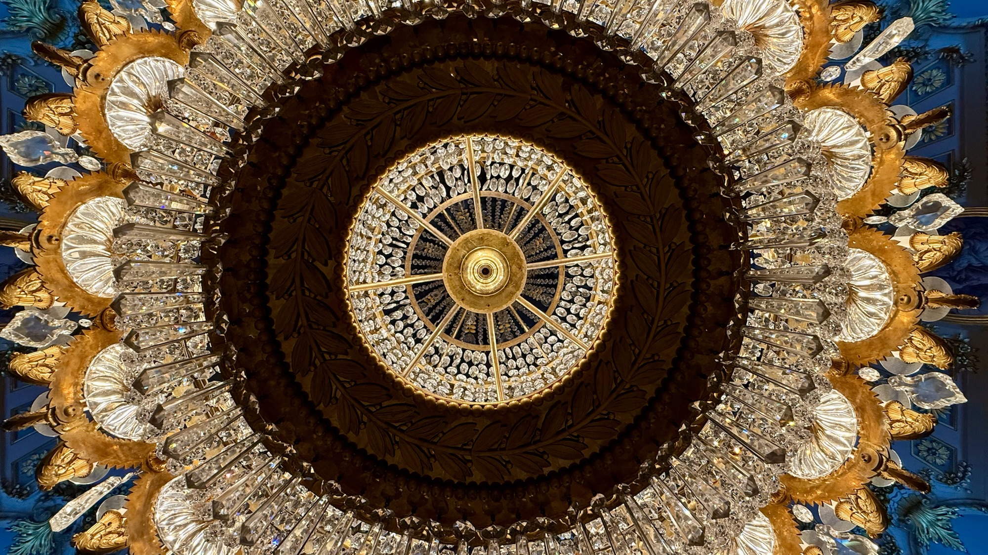 Chandelier seen from below in Palacio Real, Madrid. Portugal and Spain.
